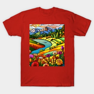 Stained Glass Colorful Mountain Flowers T-Shirt